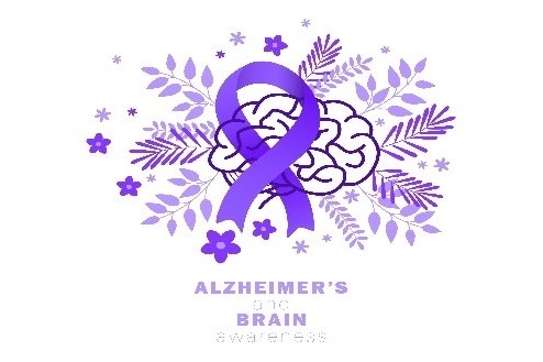 Purple brain with purple ribbon on top with words saying Alzheimer's and Brain awareness